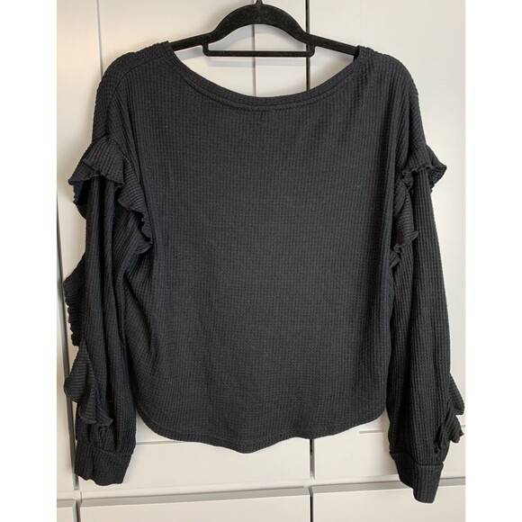 Pilcro Womens Sweater Medium Black Ruffle Arms Waffle Knit Bohemian V Neck Boho - Picture 5 of 7